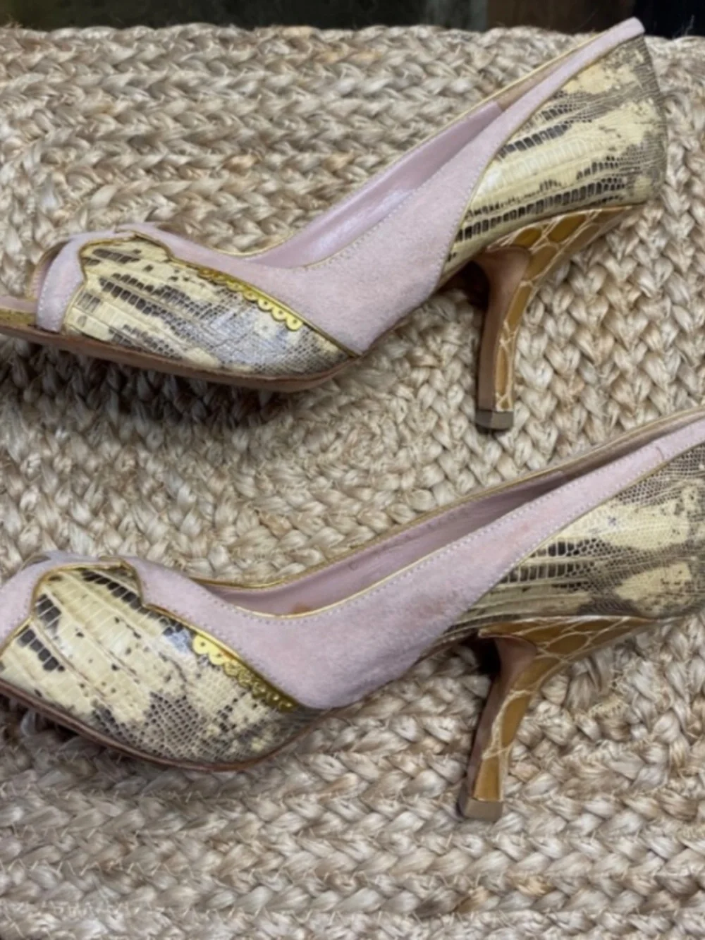 Prada alligator/ lizard gold pale pink peep toe heels Size 8 /38